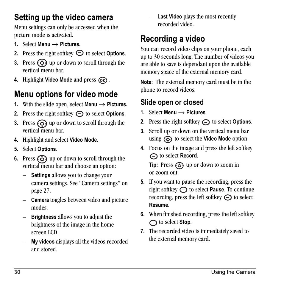 Setting up the video camera, Menu options for video mode, Recording a video | Slide open or closed | Kyocera VMKX5C User Manual | Page 38 / 72