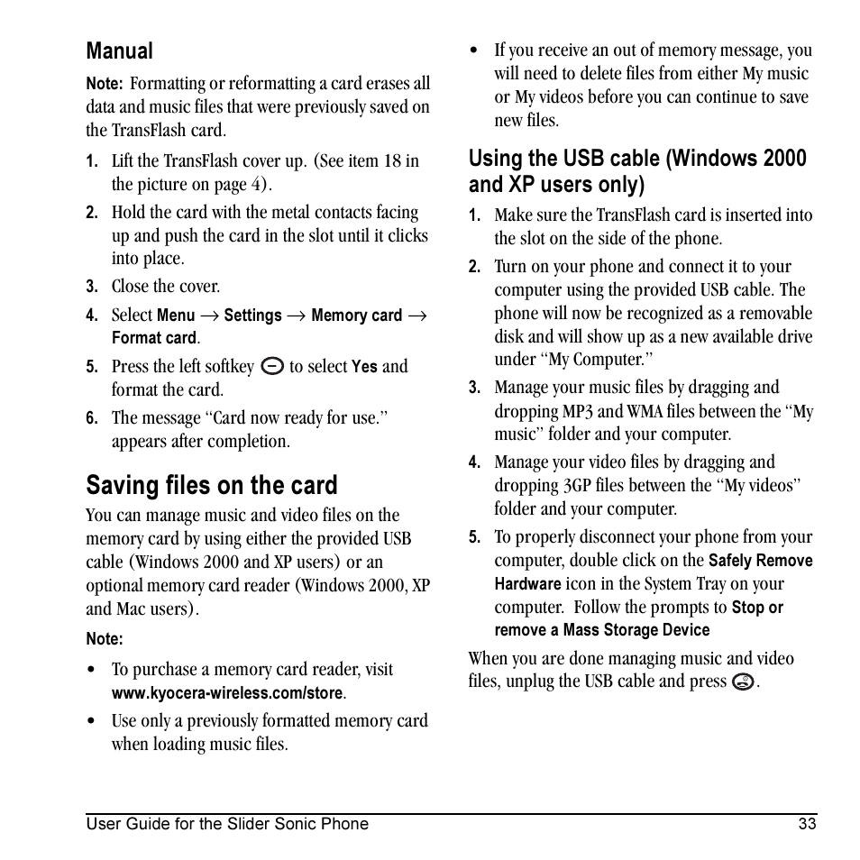 Saving files on the card, Manual | Kyocera VMKX5C User Manual | Page 41 / 72