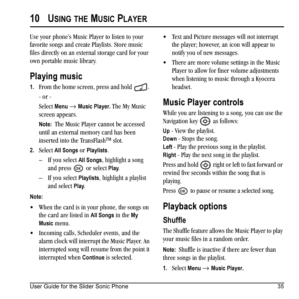 10 u, Playing music, Music player controls | Playback options, Sing, Usic, Layer, Shuffle | Kyocera VMKX5C User Manual | Page 43 / 72