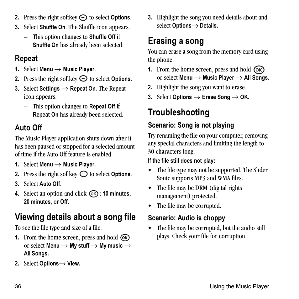 Viewing details about a song file, Erasing a song, Troubleshooting | Repeat, Auto off | Kyocera VMKX5C User Manual | Page 44 / 72