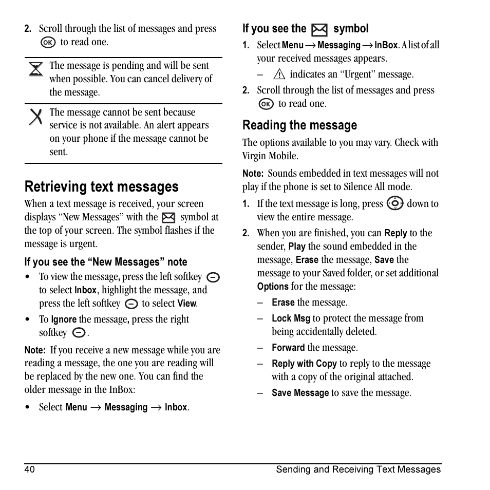 Retrieving text messages, Reading the message | Kyocera VMKX5C User Manual | Page 48 / 72