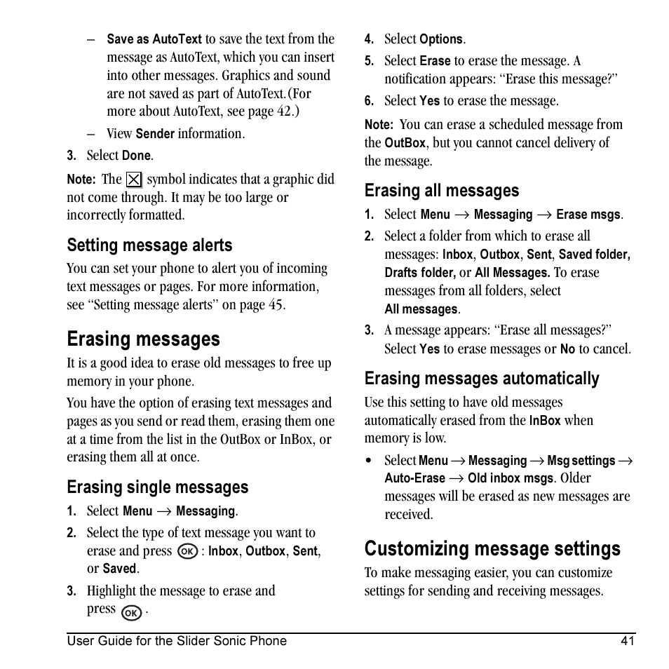 Erasing messages, Customizing message settings, Setting message alerts | Erasing single messages, Erasing all messages, Erasing messages automatically | Kyocera VMKX5C User Manual | Page 49 / 72