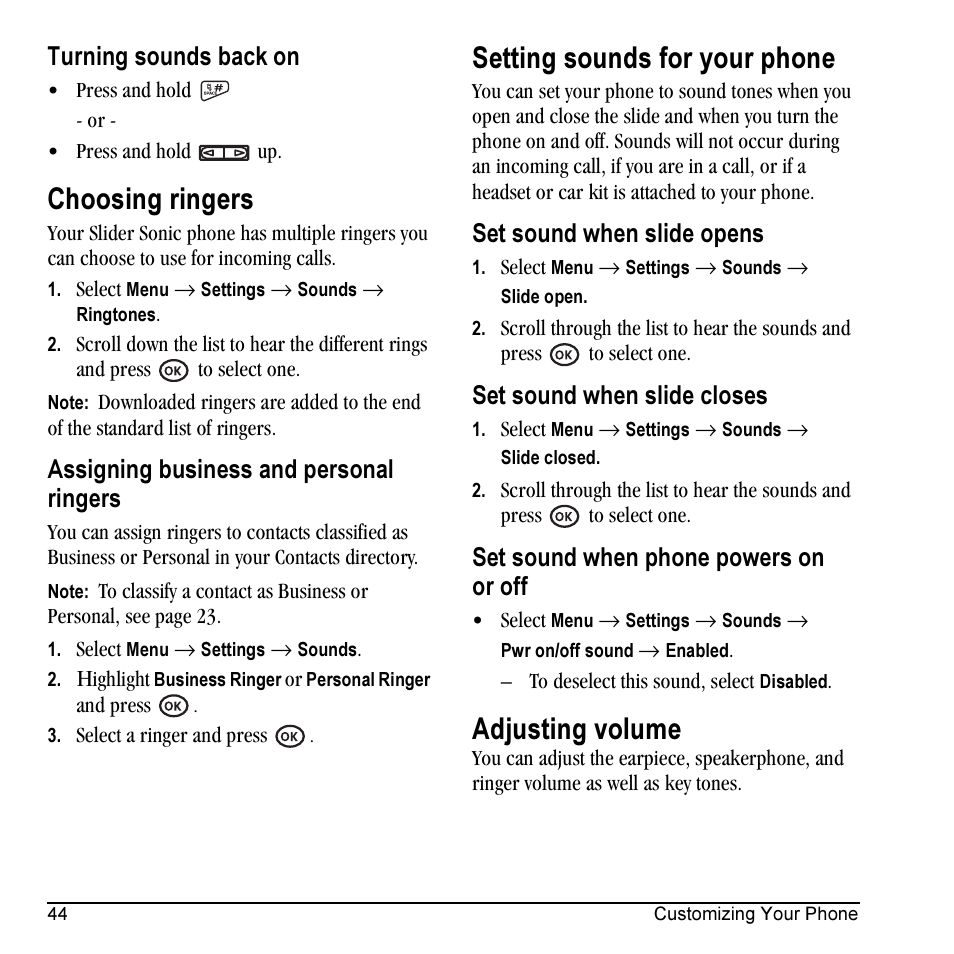 Choosing ringers, Setting sounds for your phone, Adjusting volume | Turning sounds back on, Assigning business and personal ringers, Set sound when slide opens, Set sound when slide closes, Set sound when phone powers on or off | Kyocera VMKX5C User Manual | Page 52 / 72