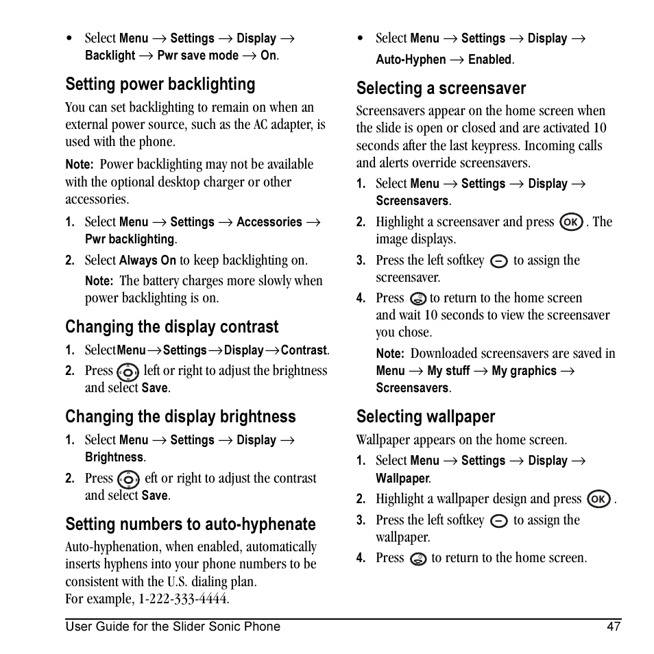 Setting power backlighting, Changing the display contrast, Changing the display brightness | Setting numbers to auto-hyphenate, Selecting a screensaver, Selecting wallpaper | Kyocera VMKX5C User Manual | Page 55 / 72