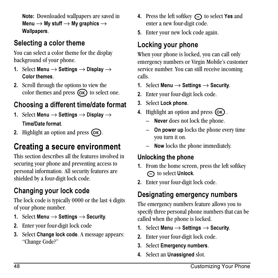 Creating a secure environment, Selecting a color theme, Choosing a different time/date format | Changing your lock code, Locking your phone, Designating emergency numbers | Kyocera VMKX5C User Manual | Page 56 / 72