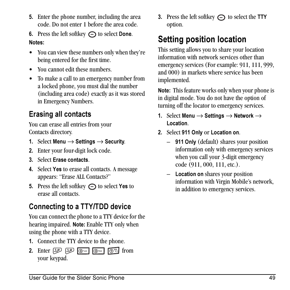Setting position location, Erasing all contacts, Connecting to a tty/tdd device | Kyocera VMKX5C User Manual | Page 57 / 72