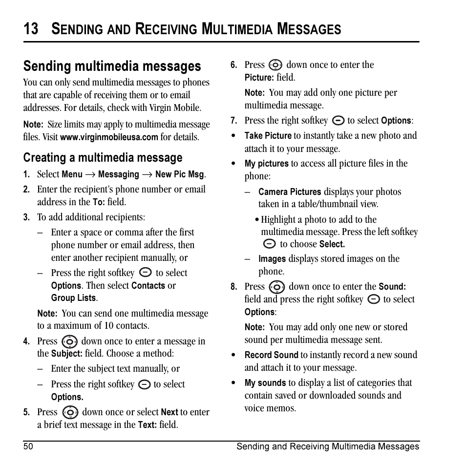 13 s, Sending multimedia messages, Ending | Eceiving, Ultimedia, Essages, Creating a multimedia message | Kyocera VMKX5C User Manual | Page 58 / 72
