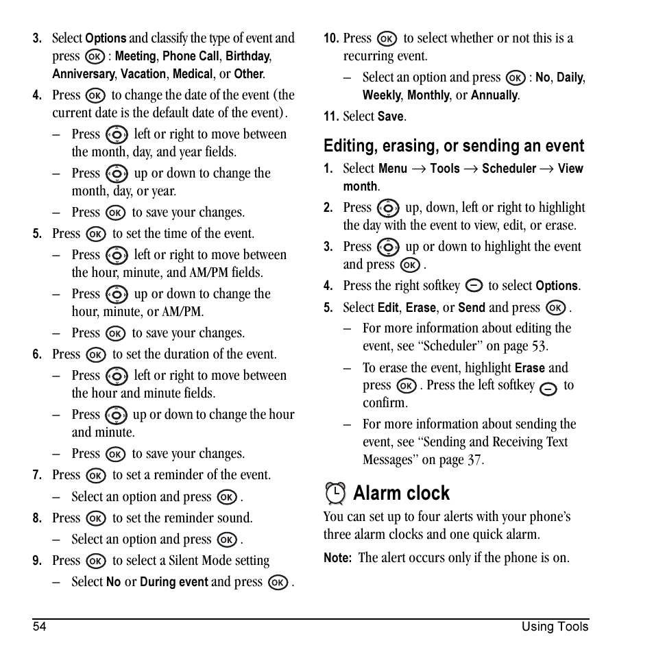 Alarm clock, Editing, erasing, or sending an event | Kyocera VMKX5C User Manual | Page 62 / 72