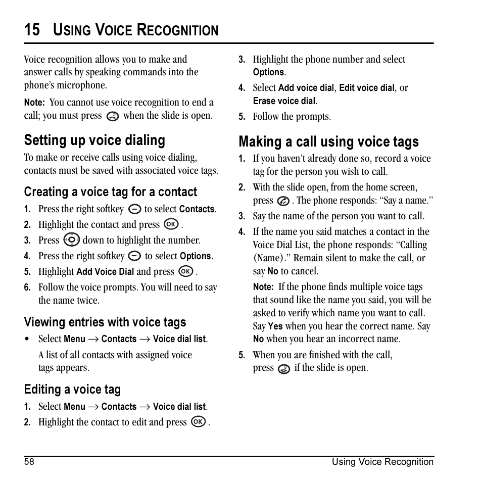 15 u, Setting up voice dialing, Making a call using voice tags | Sing, Oice, Ecognition, Creating a voice tag for a contact, Viewing entries with voice tags, Editing a voice tag | Kyocera VMKX5C User Manual | Page 66 / 72