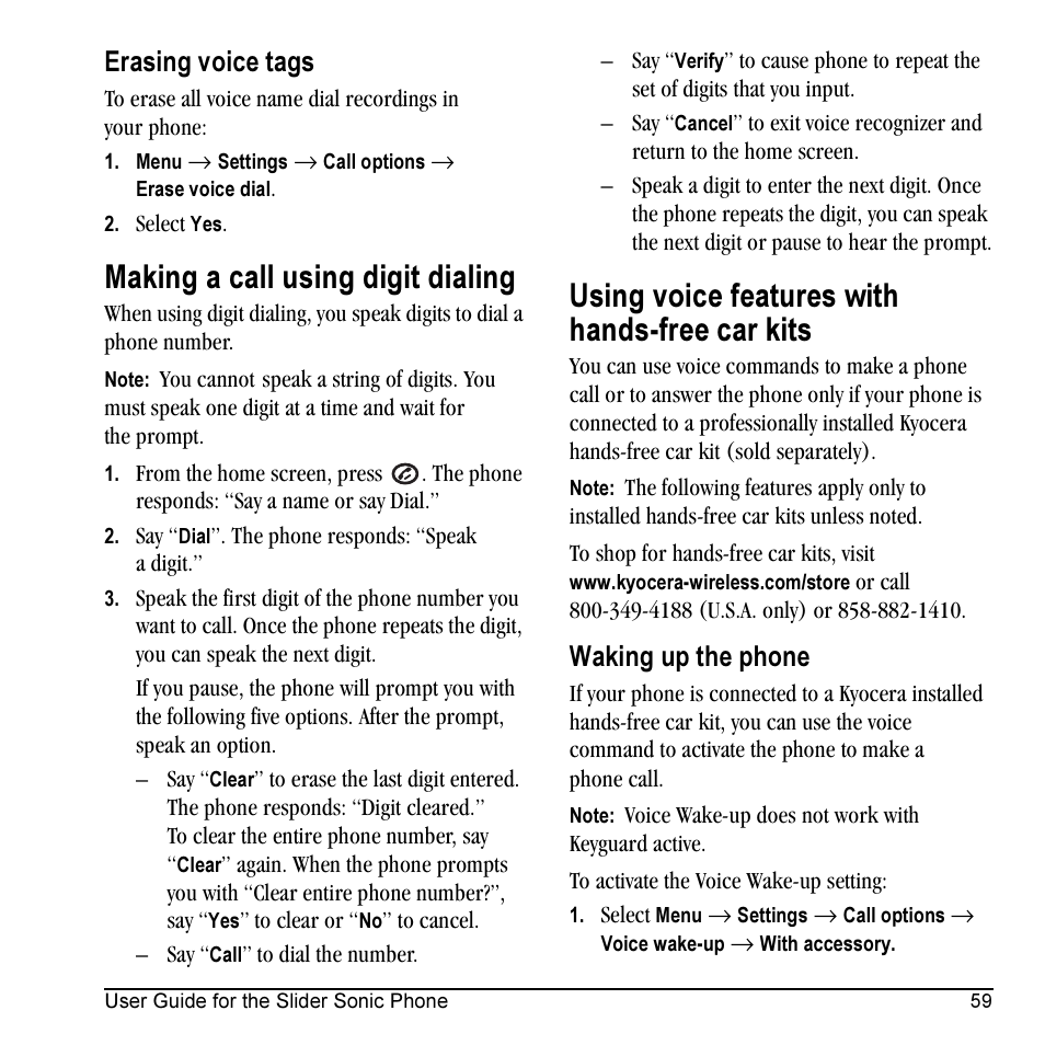 Making a call using digit dialing, Using voice features with hands-free car kits, Erasing voice tags | Waking up the phone | Kyocera VMKX5C User Manual | Page 67 / 72