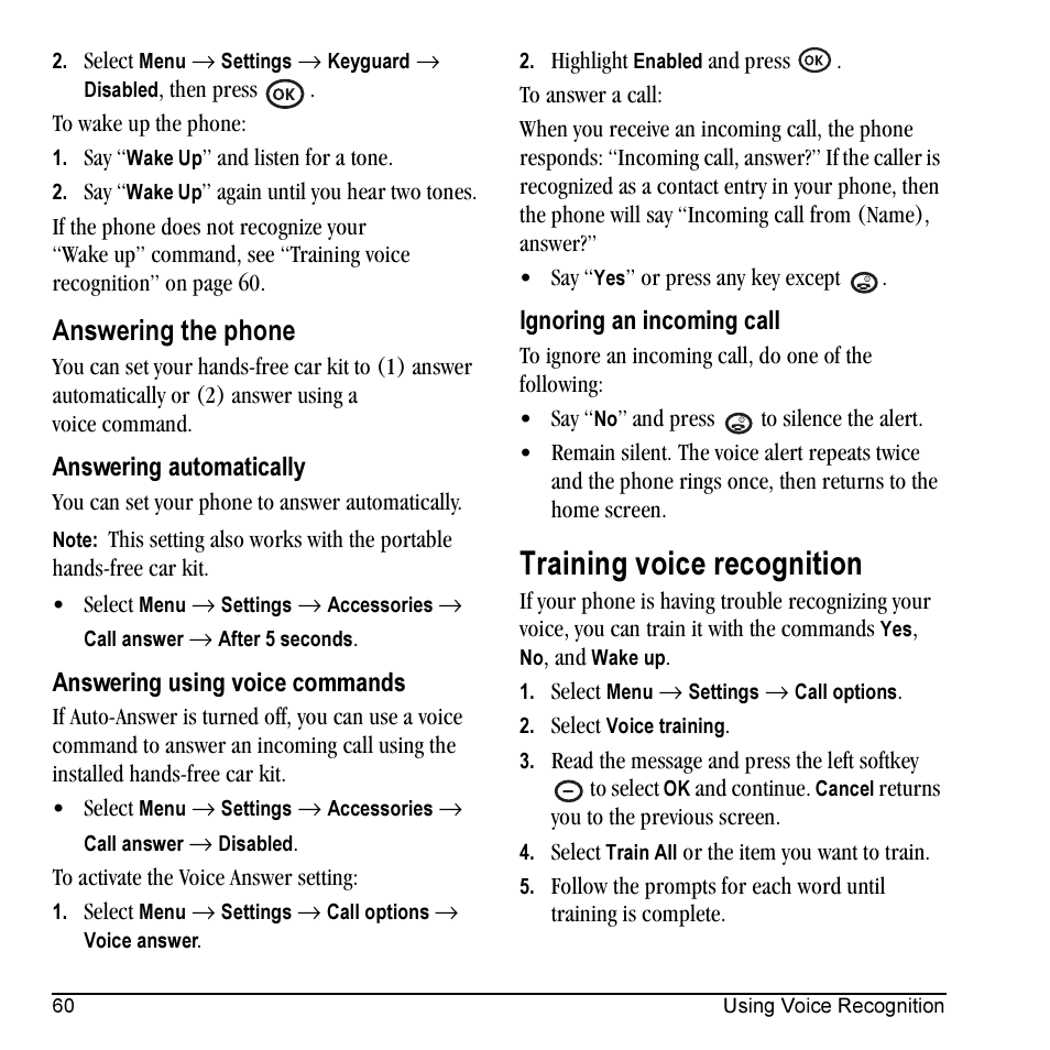 Training voice recognition, Answering the phone | Kyocera VMKX5C User Manual | Page 68 / 72