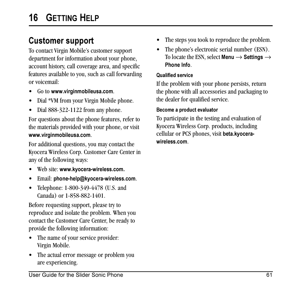 16 g, Customer support, Etting | Kyocera VMKX5C User Manual | Page 69 / 72