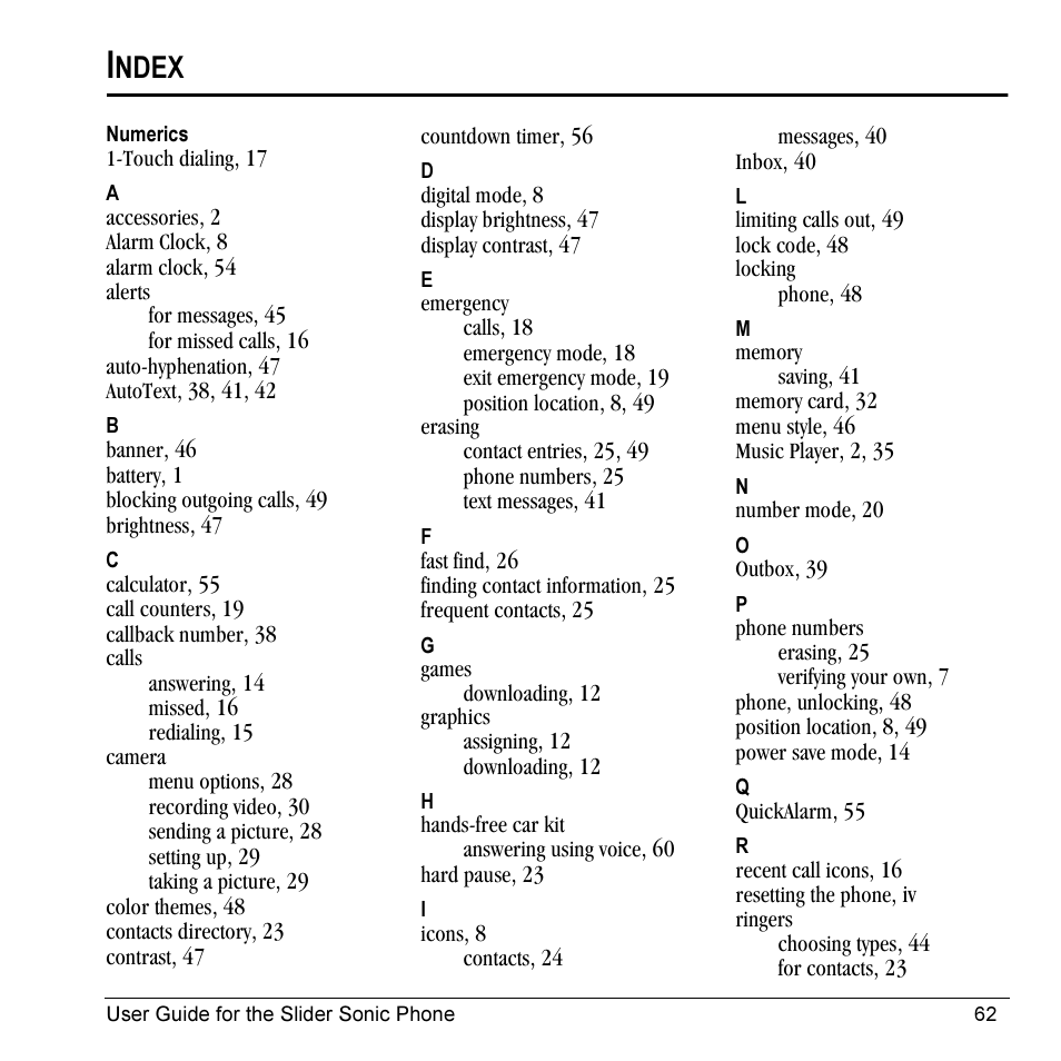 Ndex | Kyocera VMKX5C User Manual | Page 70 / 72