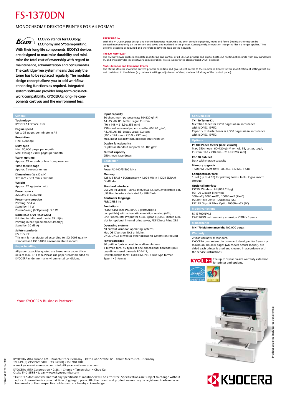 Fs-1370dn, Monochrome desktop printer for a4 format | Kyocera DESKTOP PRINTER FS-1370DN User Manual | Page 2 / 2