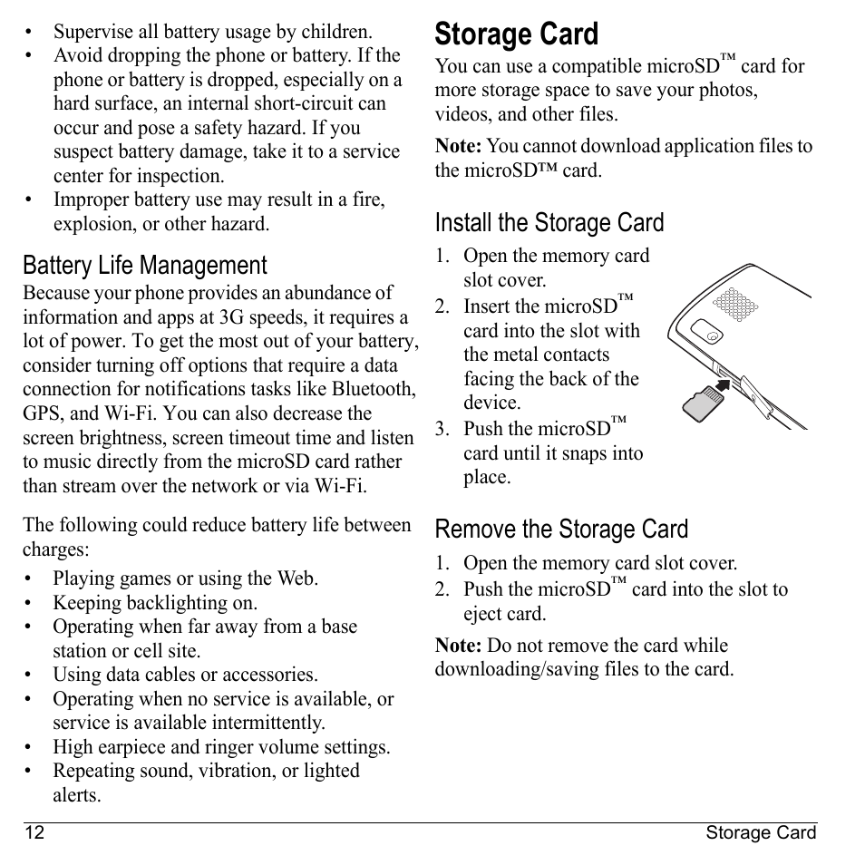 Battery life management, Storage card, Install the storage card | Remove the storage card | Kyocera Sanyo Zio ZioTM M6000 User Manual | Page 12 / 102