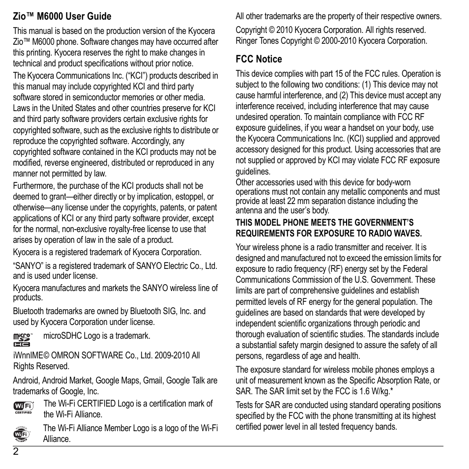 Kyocera Sanyo Zio ZioTM M6000 User Manual | Page 2 / 102