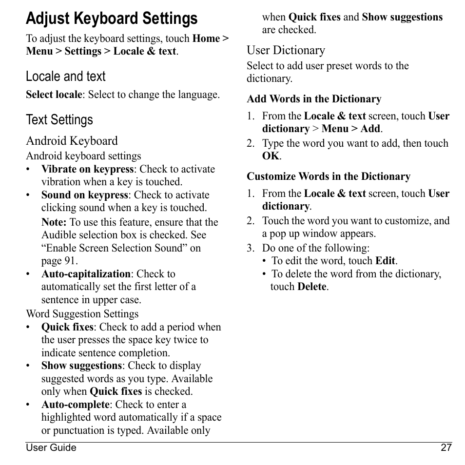 Adjust keyboard settings, Locale and text, Text settings | Android keyboard, User dictionary | Kyocera Sanyo Zio ZioTM M6000 User Manual | Page 27 / 102