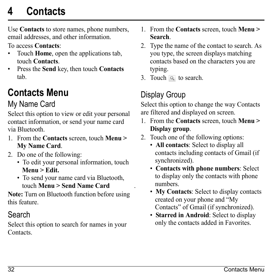 4 contacts, Contacts menu, My name card | Search, Display group, Contacts, 4contacts | Kyocera Sanyo Zio ZioTM M6000 User Manual | Page 32 / 102