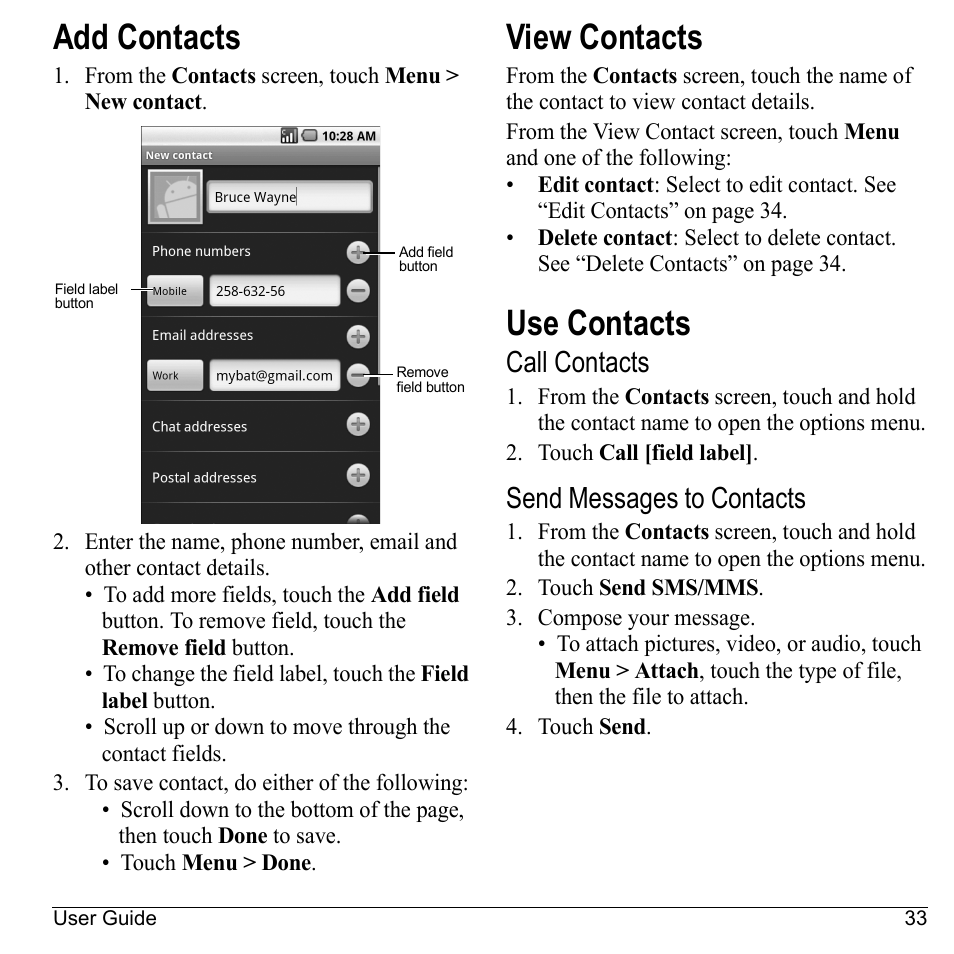 Add contacts, View contacts, Use contacts | Call contacts, Send messages to contacts, Add contacts view contacts use contacts | Kyocera Sanyo Zio ZioTM M6000 User Manual | Page 33 / 102
