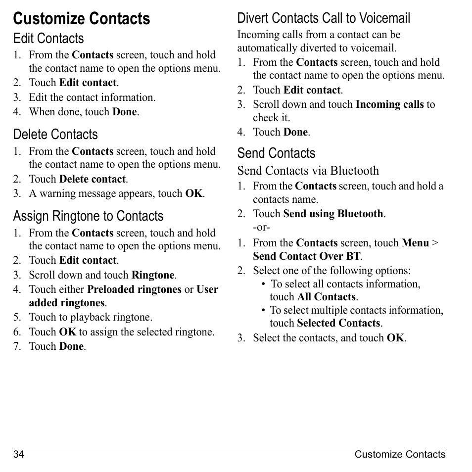 Customize contacts, Edit contacts, Delete contacts | Assign ringtone to contacts, Divert contacts call to voicemail, Send contacts, Send contacts via bluetooth | Kyocera Sanyo Zio ZioTM M6000 User Manual | Page 34 / 102