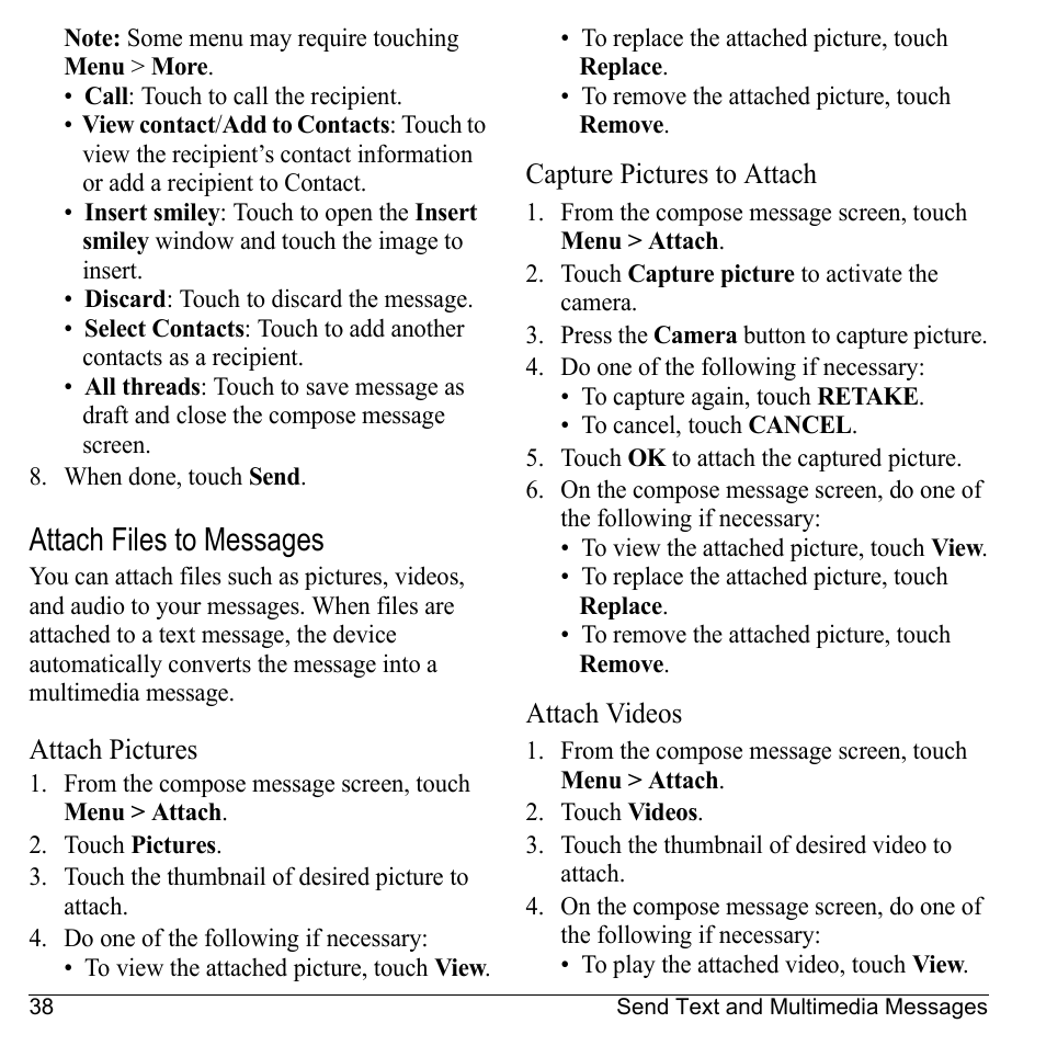 Attach files to messages, Attach pictures, Capture pictures to attach | Attach videos | Kyocera Sanyo Zio ZioTM M6000 User Manual | Page 38 / 102