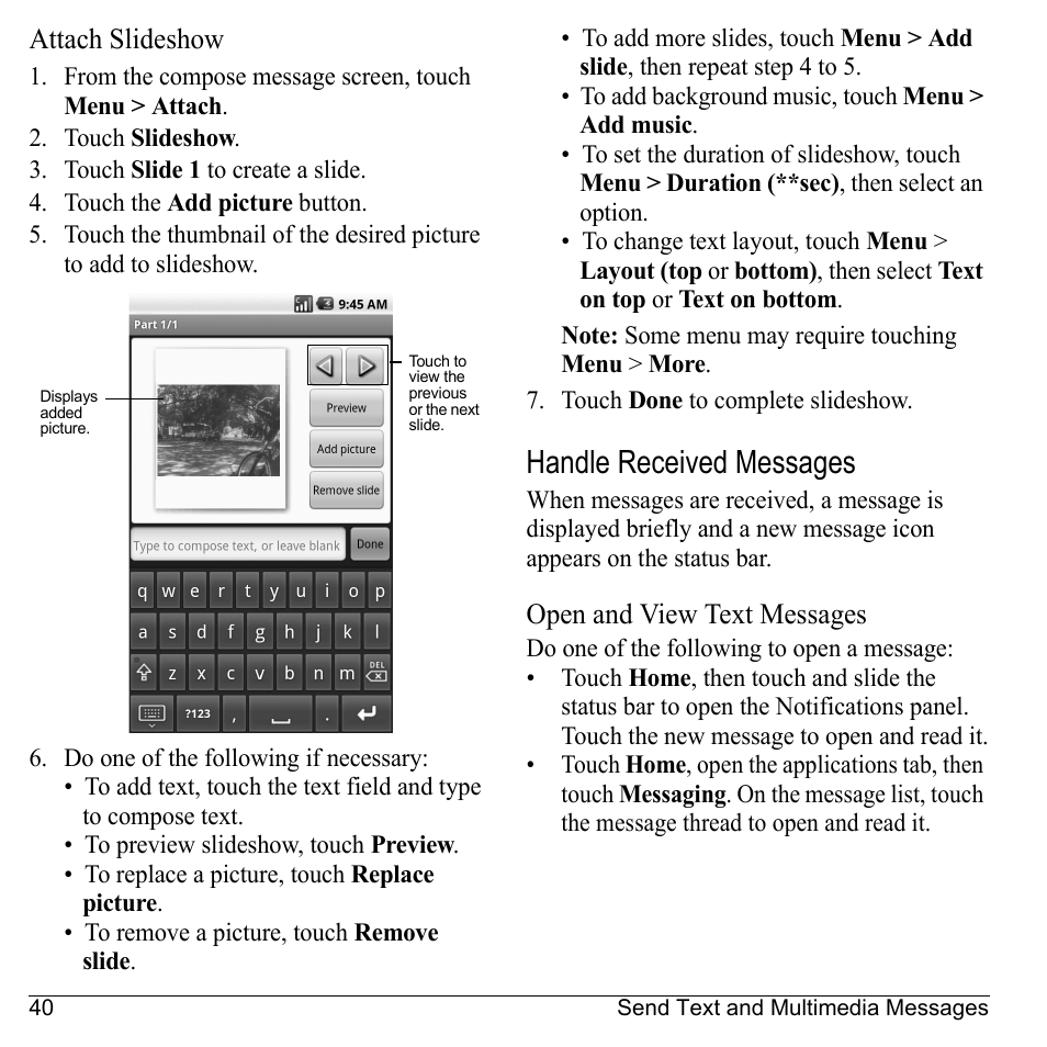 Attach slideshow, Handle received messages, Open and view text messages | Kyocera Sanyo Zio ZioTM M6000 User Manual | Page 40 / 102