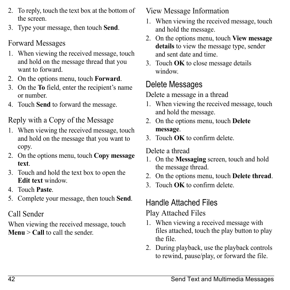 Forward messages, Reply with a copy of the message, Call sender | View message information, Delete messages, Handle attached files, Play attached files | Kyocera Sanyo Zio ZioTM M6000 User Manual | Page 42 / 102