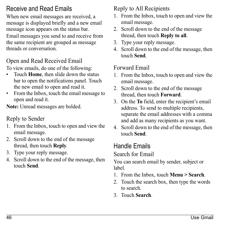 Receive and read emails, Open and read received email, Reply to sender | Reply to all recipients, Forward email, Handle emails, Search for email | Kyocera Sanyo Zio ZioTM M6000 User Manual | Page 46 / 102
