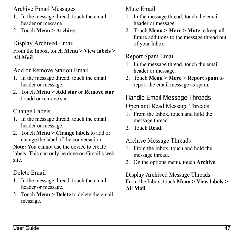 Archive email messages, Display archived email, Add or remove star on email | Change labels, Delete email, Mute email, Report spam email, Handle email message threads, Open and read message threads, Archive message threads | Kyocera Sanyo Zio ZioTM M6000 User Manual | Page 47 / 102