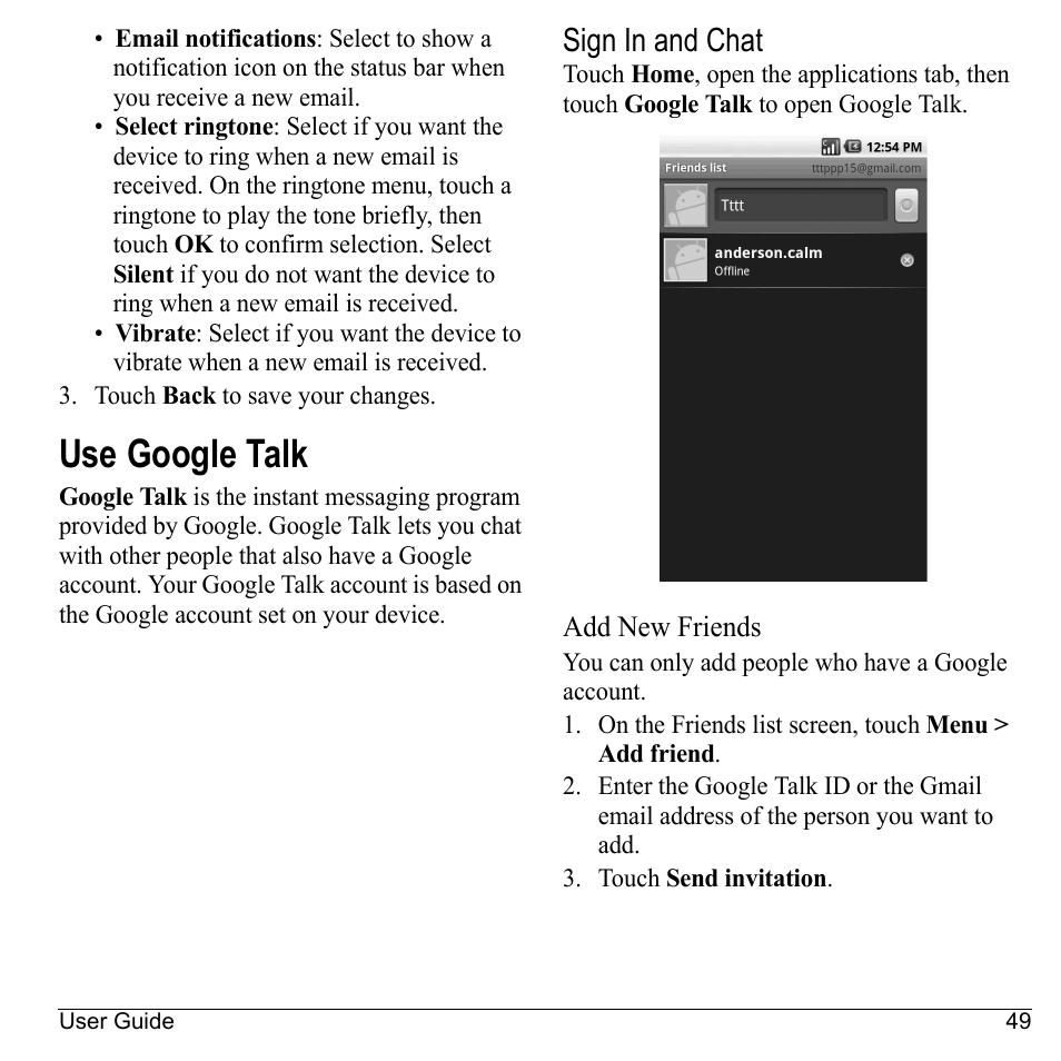 Use google talk, Sign in and chat, Add new friends | Kyocera Sanyo Zio ZioTM M6000 User Manual | Page 49 / 102