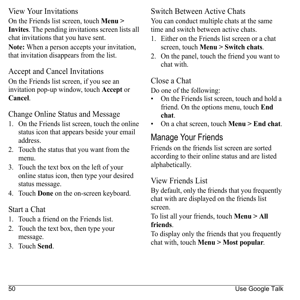 View your invitations, Accept and cancel invitations, Change online status and message | Start a chat, Switch between active chats, Close a chat, Manage your friends, View friends list | Kyocera Sanyo Zio ZioTM M6000 User Manual | Page 50 / 102