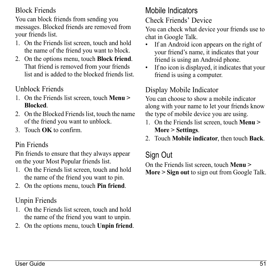 Block friends, Unblock friends, Pin friends | Unpin friends, Mobile indicators, Check friends’ device, Display mobile indicator, Sign out | Kyocera Sanyo Zio ZioTM M6000 User Manual | Page 51 / 102
