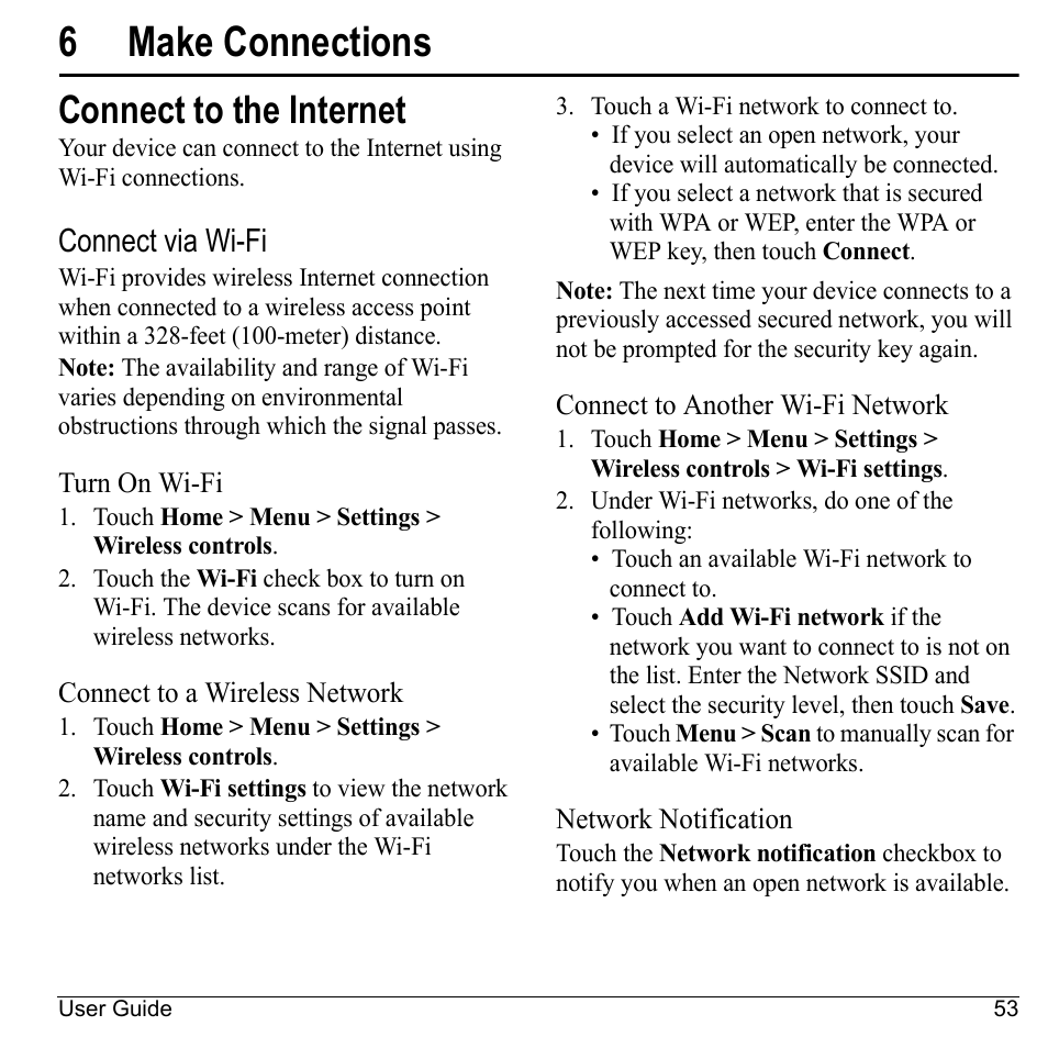 6 make connections, Connect to the internet, Connect via wi-fi | Turn on wi-fi, Connect to a wireless network, Connect to another wi-fi network, Network notification, Make connections, 6make connections | Kyocera Sanyo Zio ZioTM M6000 User Manual | Page 53 / 102