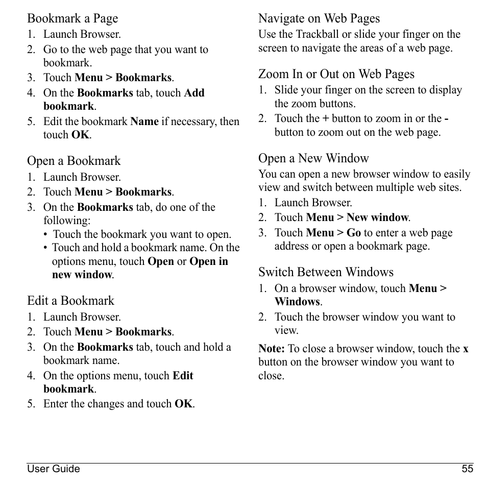Open a bookmark, Edit a bookmark, Open a new window | Switch between windows | Kyocera Sanyo Zio ZioTM M6000 User Manual | Page 55 / 102