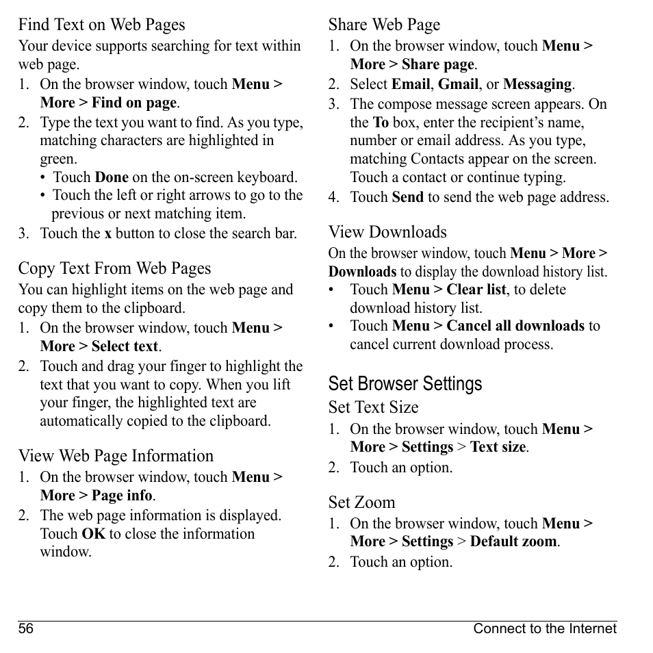 View downloads, Set browser settings, Set text size | Set zoom | Kyocera Sanyo Zio ZioTM M6000 User Manual | Page 56 / 102