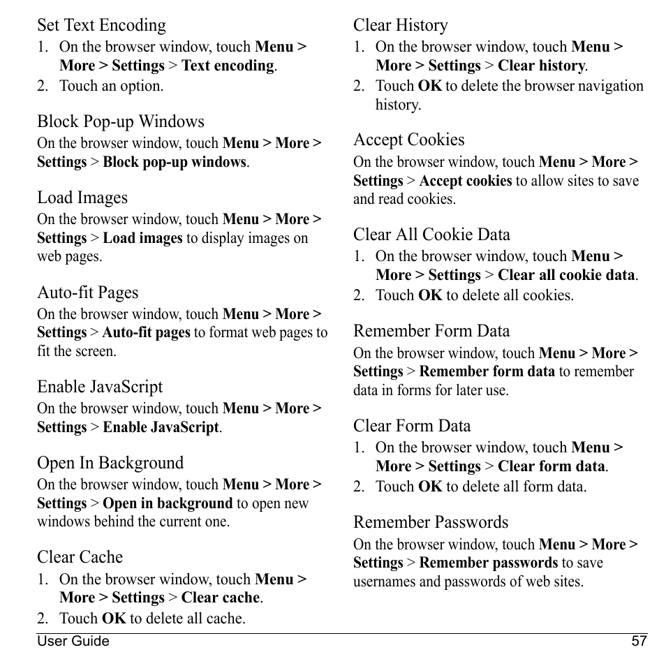 Set text encoding, Block pop-up windows, Load images | Enable javascript, Open in background, Clear cache, Clear history, Accept cookies, Clear all cookie data, Remember form data | Kyocera Sanyo Zio ZioTM M6000 User Manual | Page 57 / 102