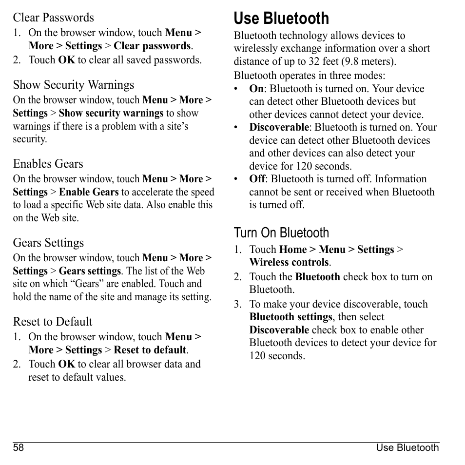 Clear passwords, Show security warnings, Enables gears | Gears settings, Reset to default, Use bluetooth, Turn on bluetooth | Kyocera Sanyo Zio ZioTM M6000 User Manual | Page 58 / 102