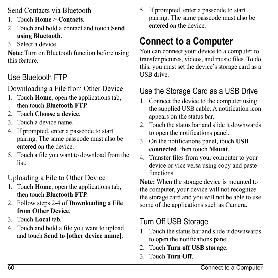 Send contacts via bluetooth, Use bluetooth ftp, Downloading a file from other device | Uploading a file to other device, Connect to a computer, Use the storage card as a usb drive, Turn off usb storage | Kyocera Sanyo Zio ZioTM M6000 User Manual | Page 60 / 102