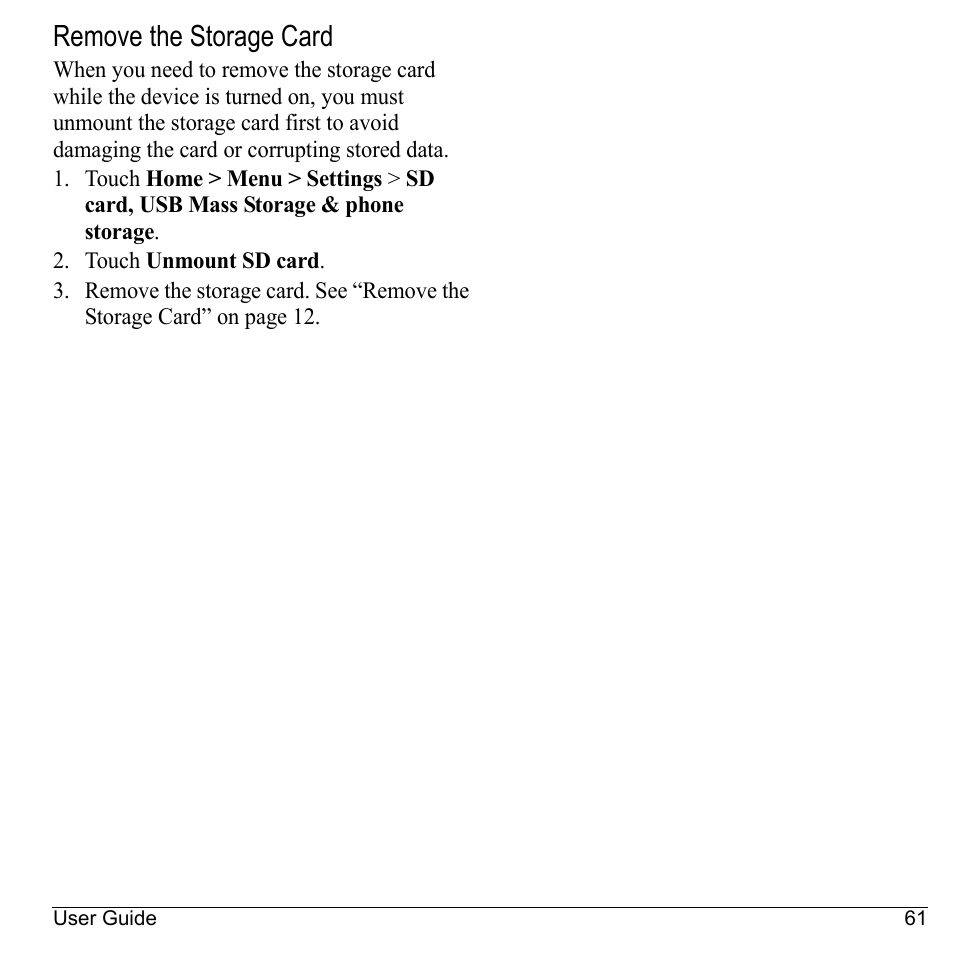Remove the storage card | Kyocera Sanyo Zio ZioTM M6000 User Manual | Page 61 / 102