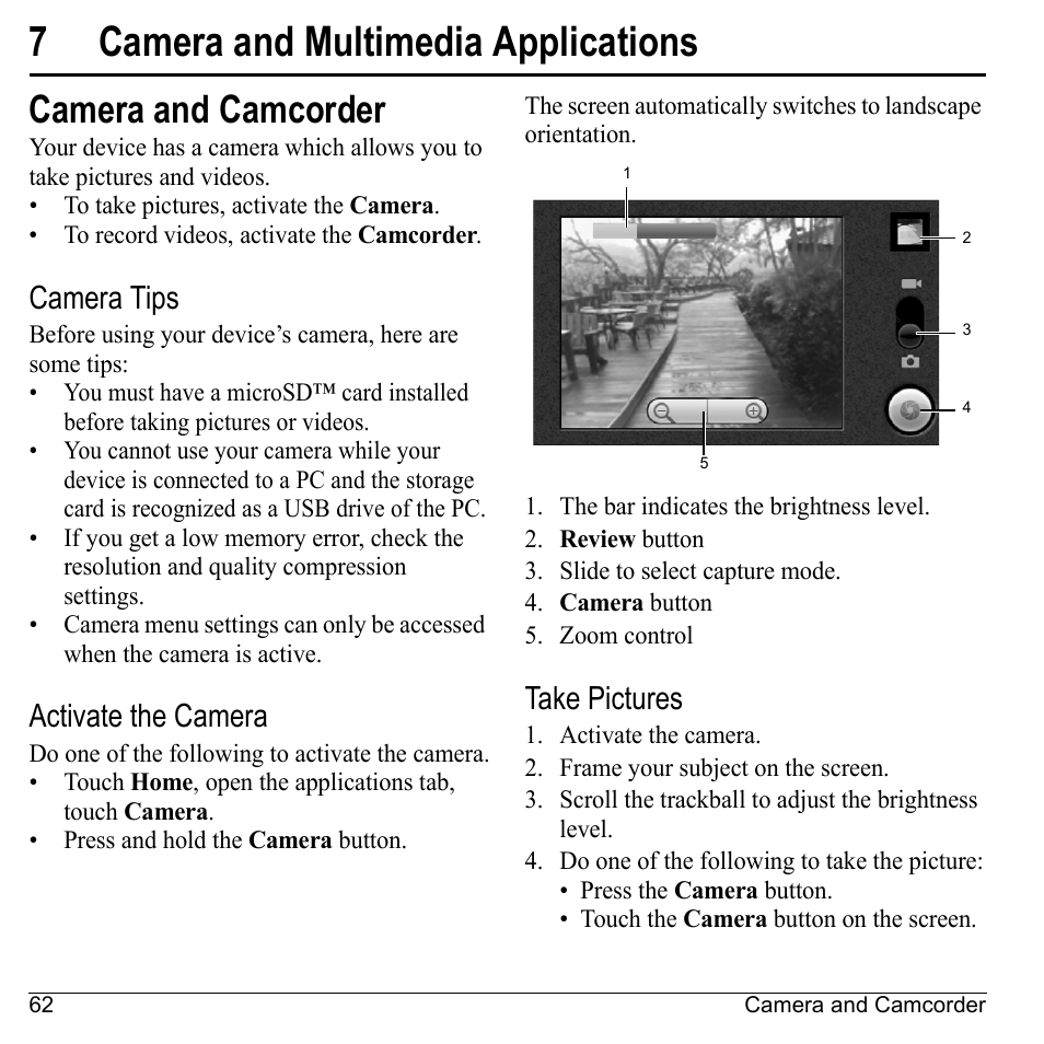 7 camera and multimedia applications, Camera and camcorder, Camera tips | Activate the camera, Take pictures, Camera and multimedia, Applications, 7camera and multimedia applications | Kyocera Sanyo Zio ZioTM M6000 User Manual | Page 62 / 102