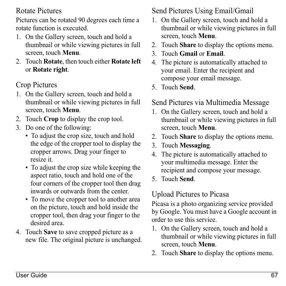 Rotate pictures, Crop pictures, Send pictures using email/gmail | Send pictures via multimedia message, Upload pictures to picasa | Kyocera Sanyo Zio ZioTM M6000 User Manual | Page 67 / 102