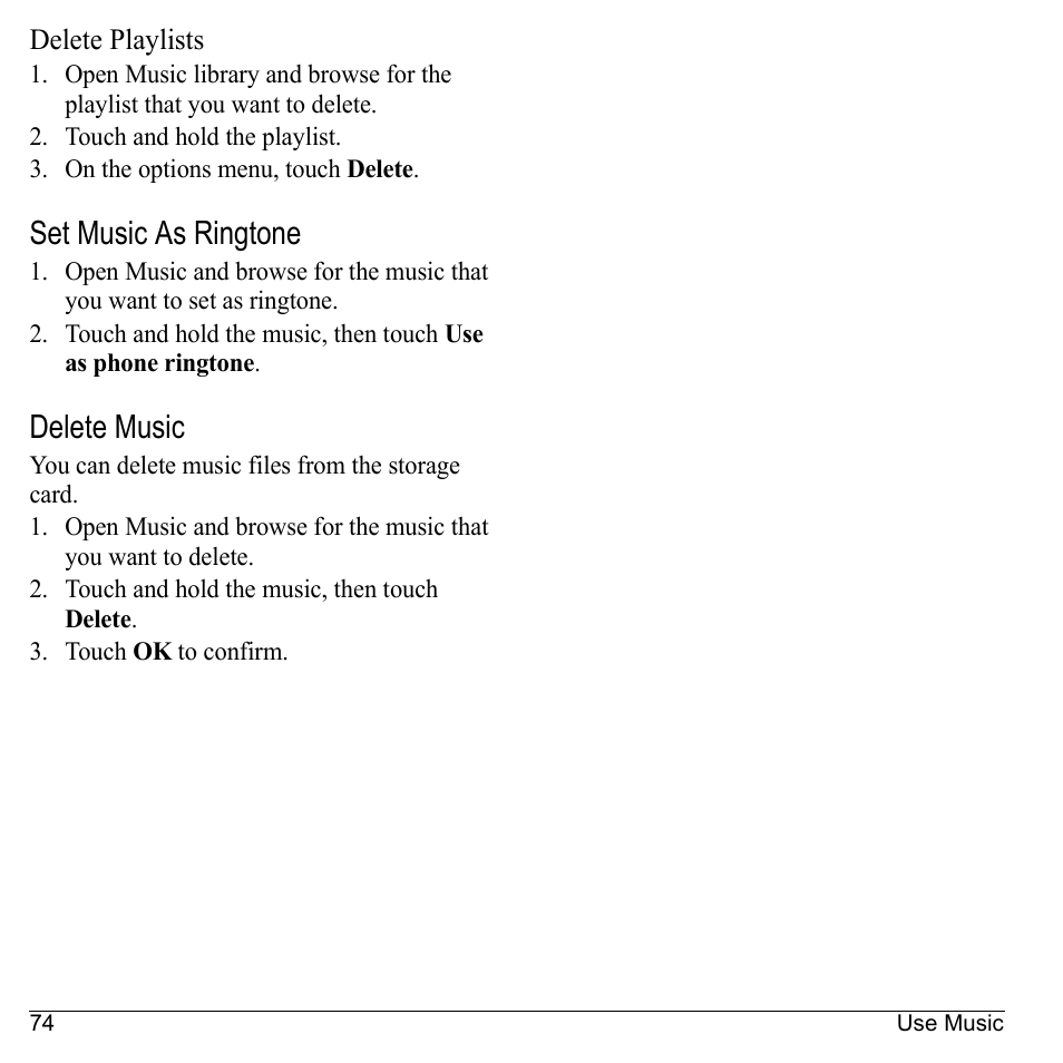 Delete playlists, Set music as ringtone, Delete music | Kyocera Sanyo Zio ZioTM M6000 User Manual | Page 74 / 102
