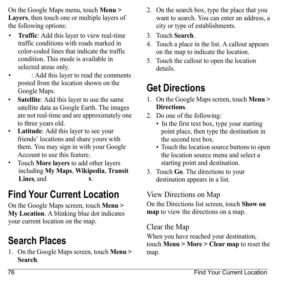 Find your current location, Search places, Get directions | View directions on map, Clear the map | Kyocera Sanyo Zio ZioTM M6000 User Manual | Page 76 / 102