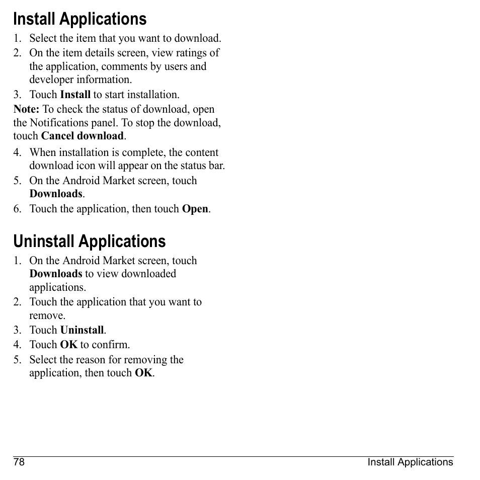 Install applications, Uninstall applications, Install applications uninstall applications | Kyocera Sanyo Zio ZioTM M6000 User Manual | Page 78 / 102