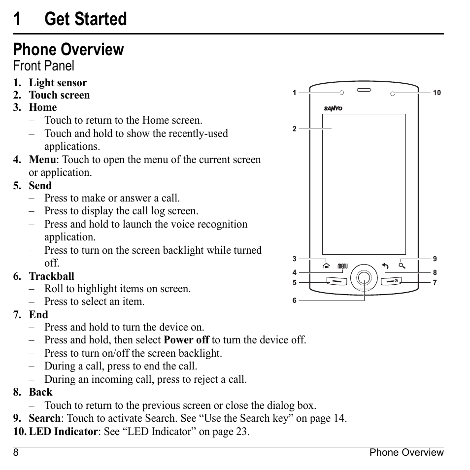 1 get started, Phone overview, Front panel | Get started, 1get started | Kyocera Sanyo Zio ZioTM M6000 User Manual | Page 8 / 102