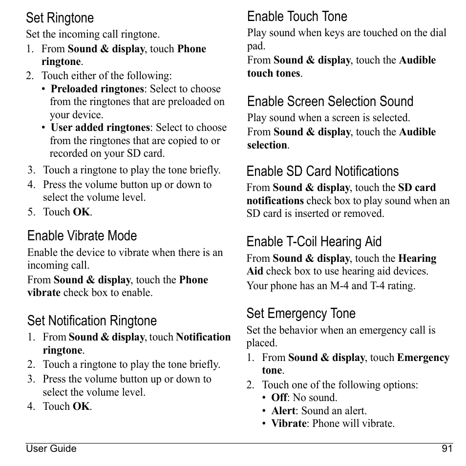 Set ringtone, Enable vibrate mode, Set notification ringtone | Enable touch tone, Enable screen selection sound, Enable sd card notifications, Enable t-coil hearing aid, Set emergency tone | Kyocera Sanyo Zio ZioTM M6000 User Manual | Page 91 / 102