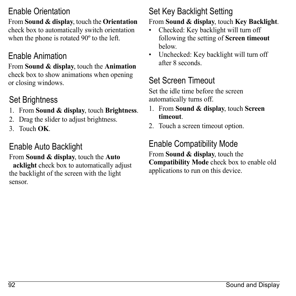Enable orientation, Enable animation, Set brightness | Enable auto backlight, Set key backlight setting, Set screen timeout, Enable compatibility mode | Kyocera Sanyo Zio ZioTM M6000 User Manual | Page 92 / 102