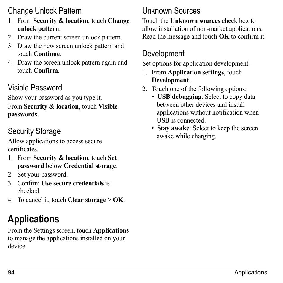 Change unlock pattern, Visible password, Security storage | Applications, Unknown sources, Development | Kyocera Sanyo Zio ZioTM M6000 User Manual | Page 94 / 102