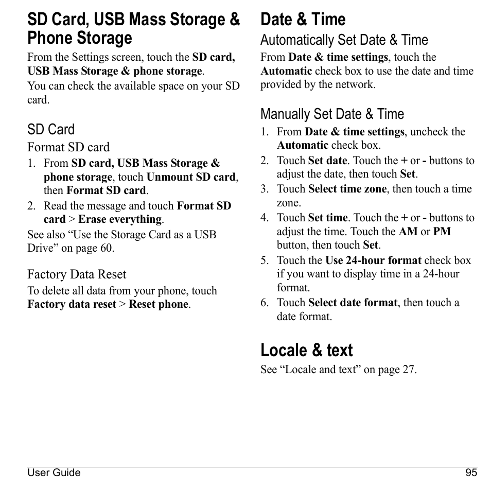 Sd card, usb mass storage & phone storage, Sd card, Format sd card | Factory data reset, Date & time, Automatically set date & time, Manually set date & time, Locale & text, Sd card, usb mass storage, Phone storage | Kyocera Sanyo Zio ZioTM M6000 User Manual | Page 95 / 102