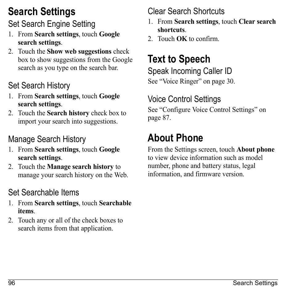 Search settings, Set search engine setting, Set search history | Manage search history, Set searchable items, Clear search shortcuts, Text to speech, Speak incoming caller id, Voice control settings, About phone | Kyocera Sanyo Zio ZioTM M6000 User Manual | Page 96 / 102